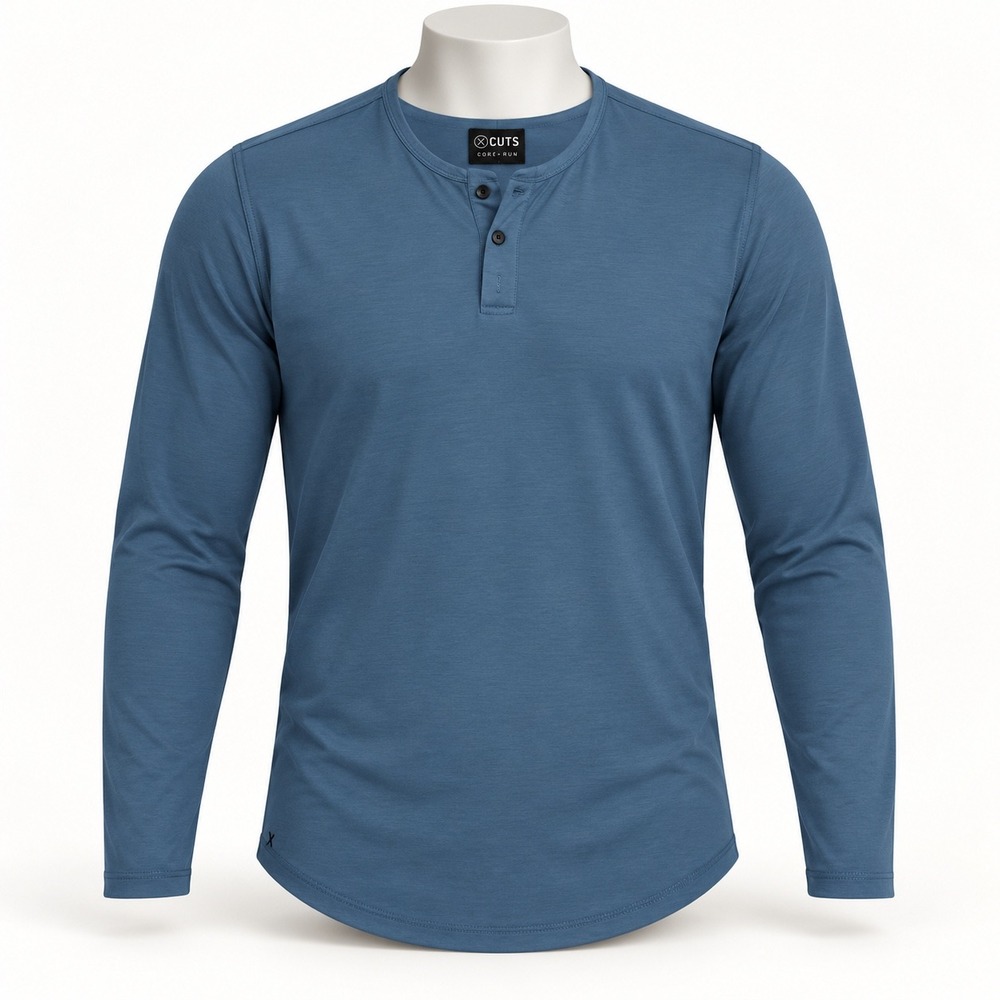 Cuts Henley Shirt Men S Blue Solid Minimalist PYCA Pro Long Sleeve Curved Hem